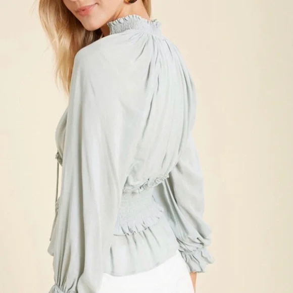 Y2K Smocked High Collar Long Sleeve Blouse - Picture 3 of 10